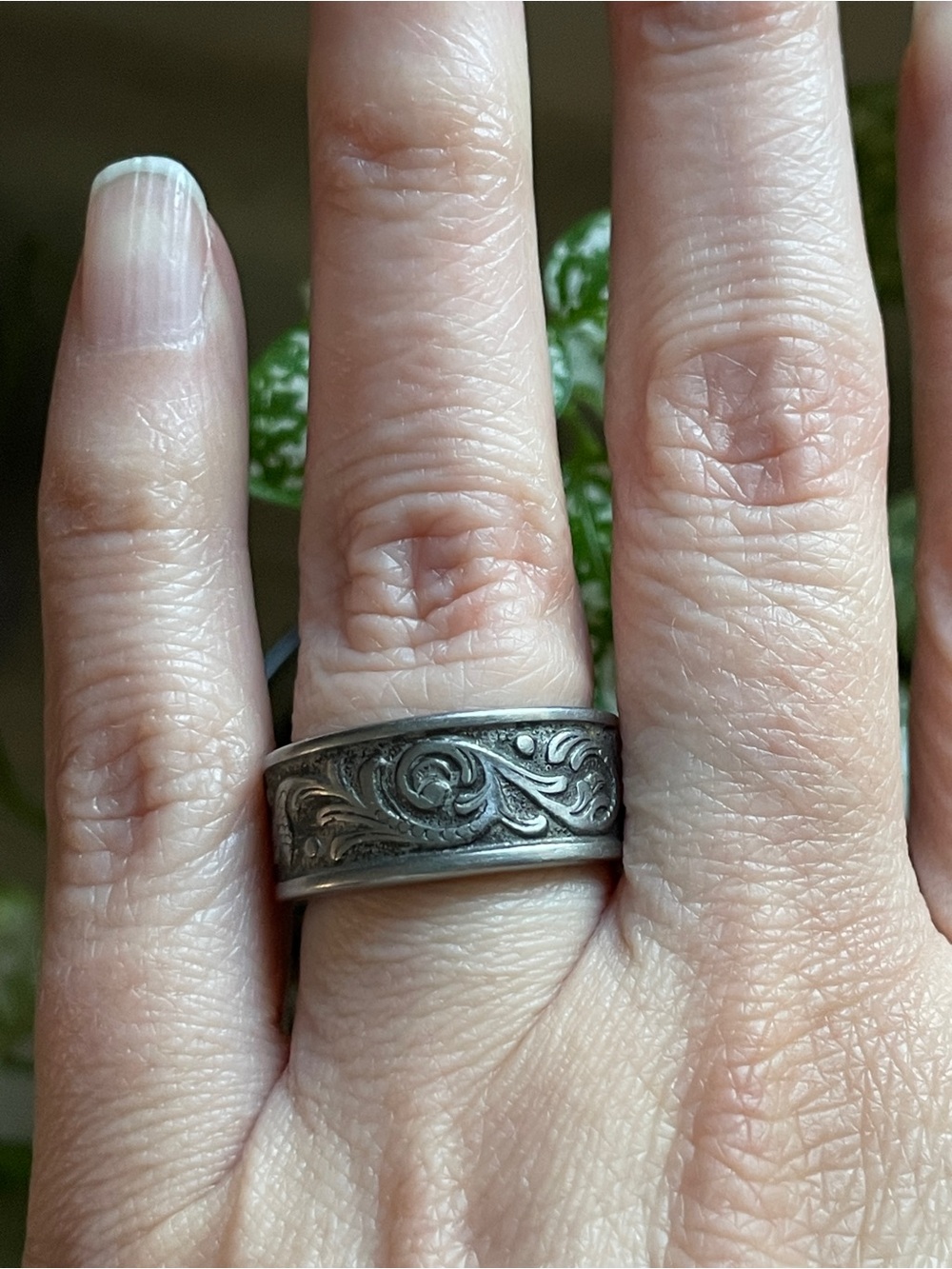 Retro Vine Design Spoon Ring, Stainless Steel, Engraved Promise Ring Size 5.75